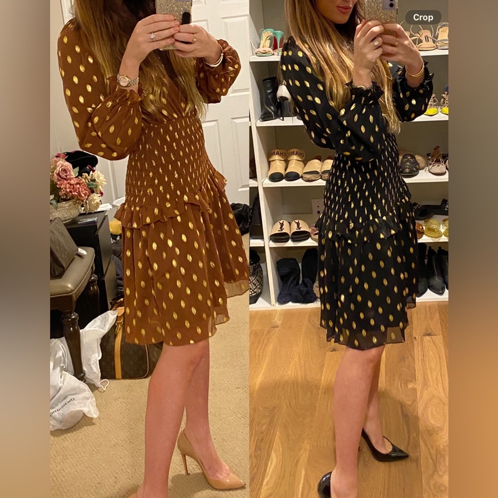 Set of 2 Yakira Bella Smocked Waist Gold Polka Dot Long Sleeve Shimmery Dresses